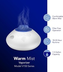Vicks Warm Steam Vaporizer & Humidifier 1.5 Gallon Tank for Small and Medium Roo