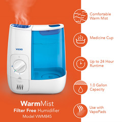 Vicks Warm Moisture Humidifier VWM845 1 Gallon Filterless White Blue *NEW