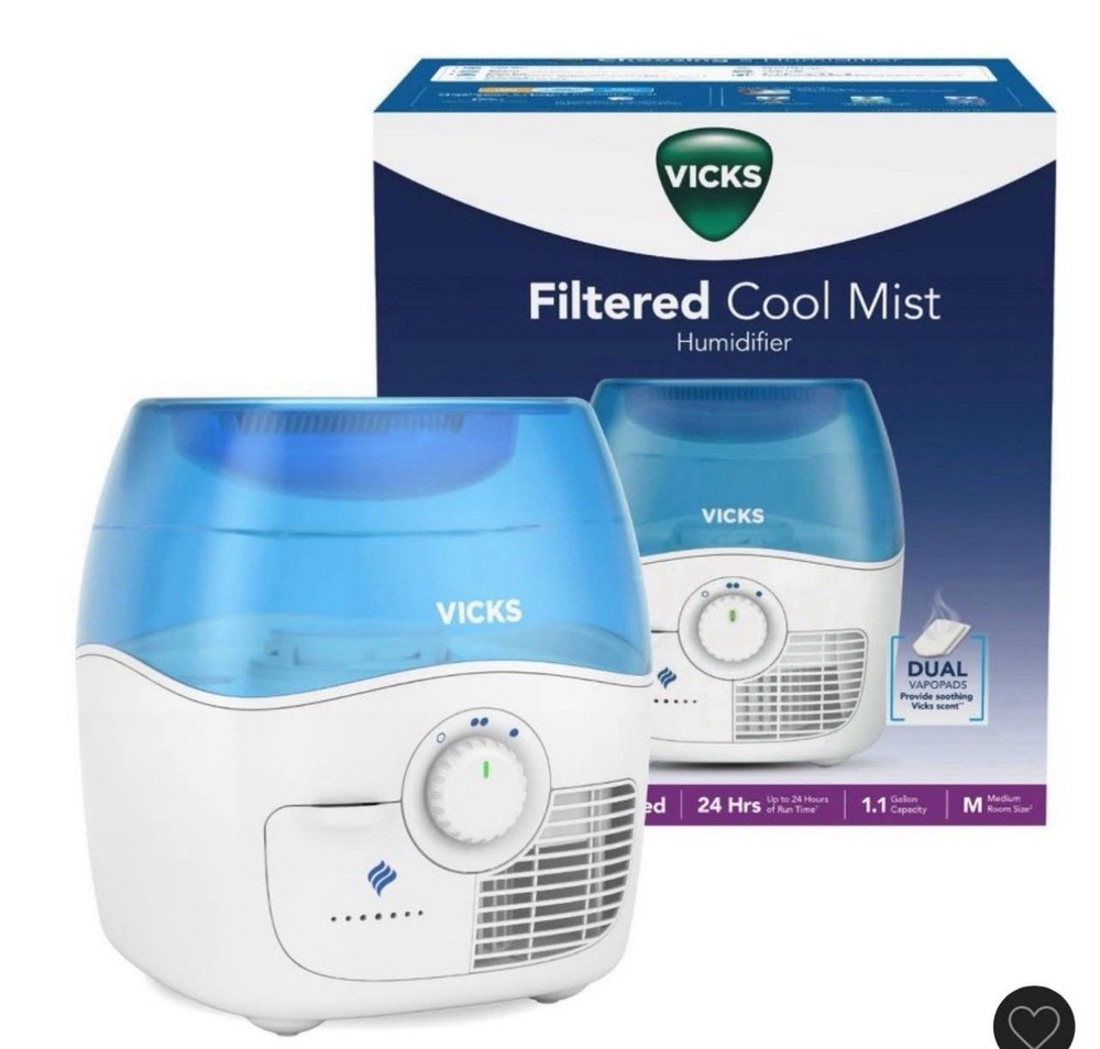 Vicks Filtered Cool Mist Tabletop Humidifier 1.1 Gal, Dual VapoPads, Blue/White