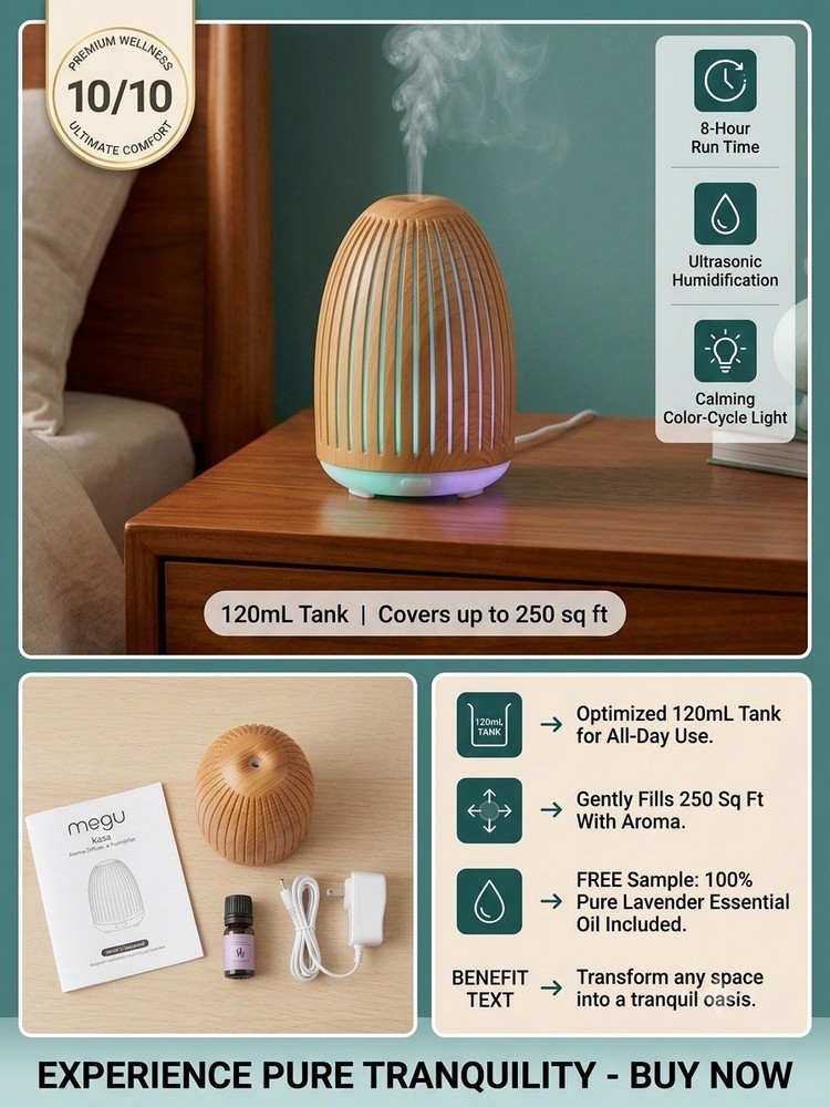Megu Kasa 120mL Ultrasonic Essential Oil Diffuser Humidifier Wood Grain LED⁠
