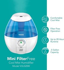 Vicks Mini Filter-Free Cool Mist Humidifier, Small Room, 0.5 Gallon Tank, Blue
