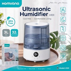 Ultrasonic Humidifier 3L Cool Mist Quiet Bedroom Air Diffuser 32H Timer BPA Free