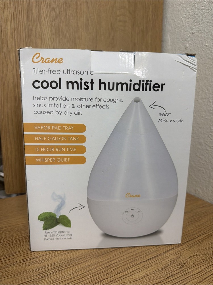 Crane EE-5302W Droplet Ultrasonic Cool Mist Humidifier White Whisper Quiet