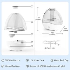 Ultrasonic Humidifier, WHITE – Quiet Removable Tank Up to 24 Hrs Per Fill