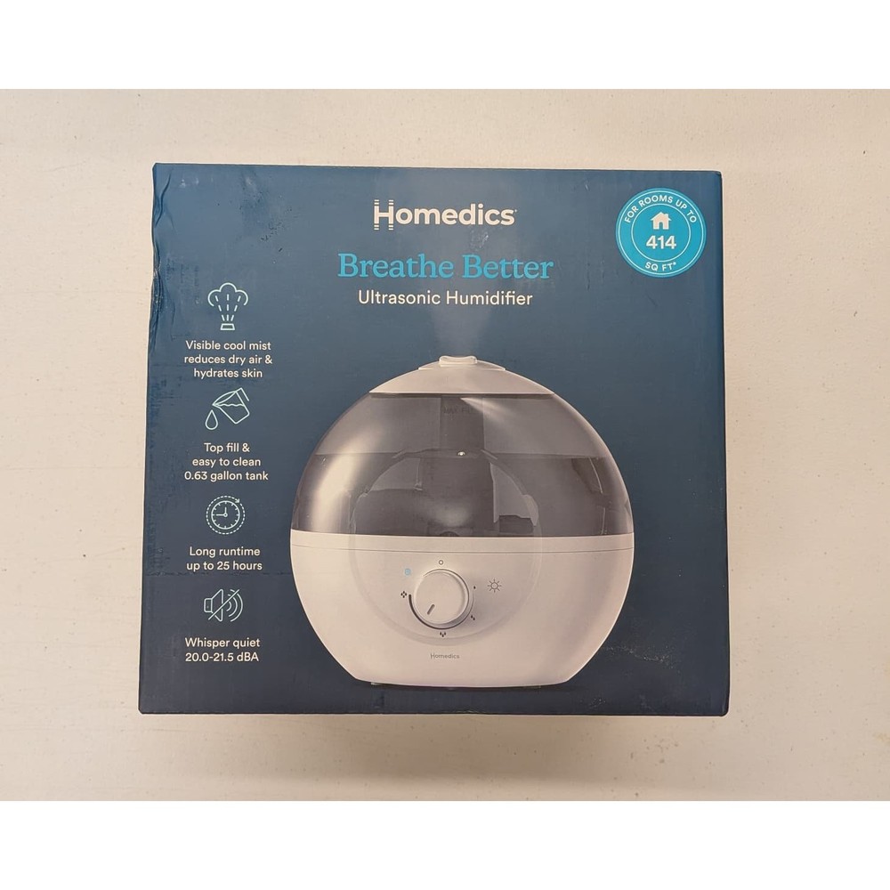 Homedics Breathe Better Ultrasonic Humidifier Cool Mist 0.63 Gal Quiet 25Hr