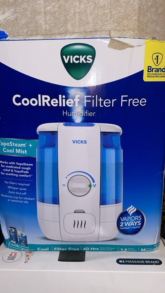 Vicks VUL600 CoolRelief Filter Free Cool Mist Humidifier White & Blue 1.2 Gallon