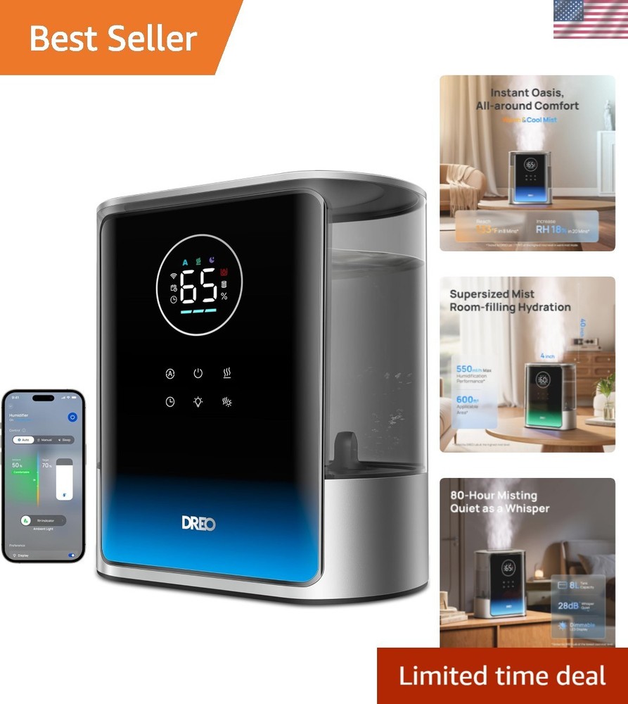 Supersized 8L Smart Humidifier: 80H Runtime & Aroma Diffuser for Indoor Comfort