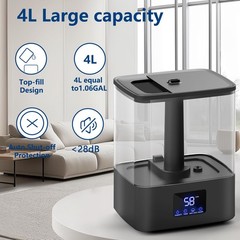 Top Fill Humidifier 60H Runtime Cool Mist with Essential Oil Tray Black Large 4L