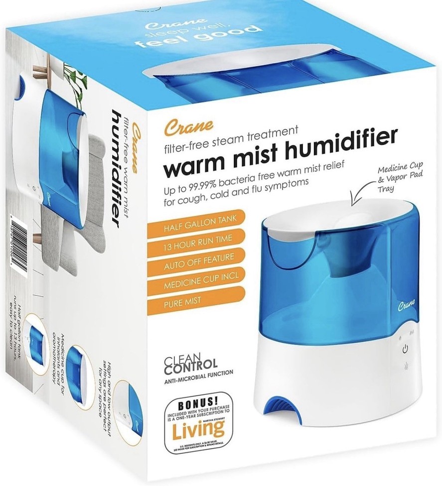 Crane USA Classic 0.5 Gal-Warm Mist Ultrasonic Tabletop Humidifier – White/Blue