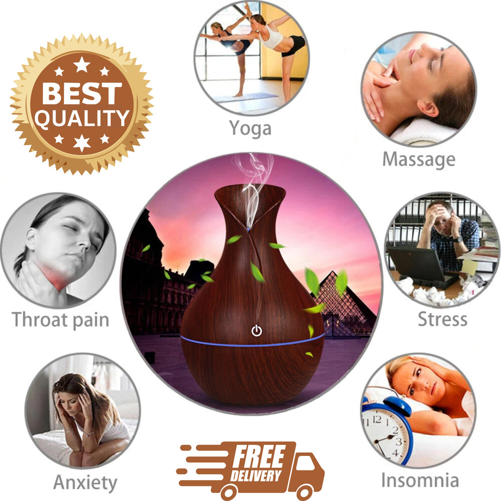 Essential Oil Diffuser Humidifier Aromatherapy Walnut Wood Grain Vase Aroma LED