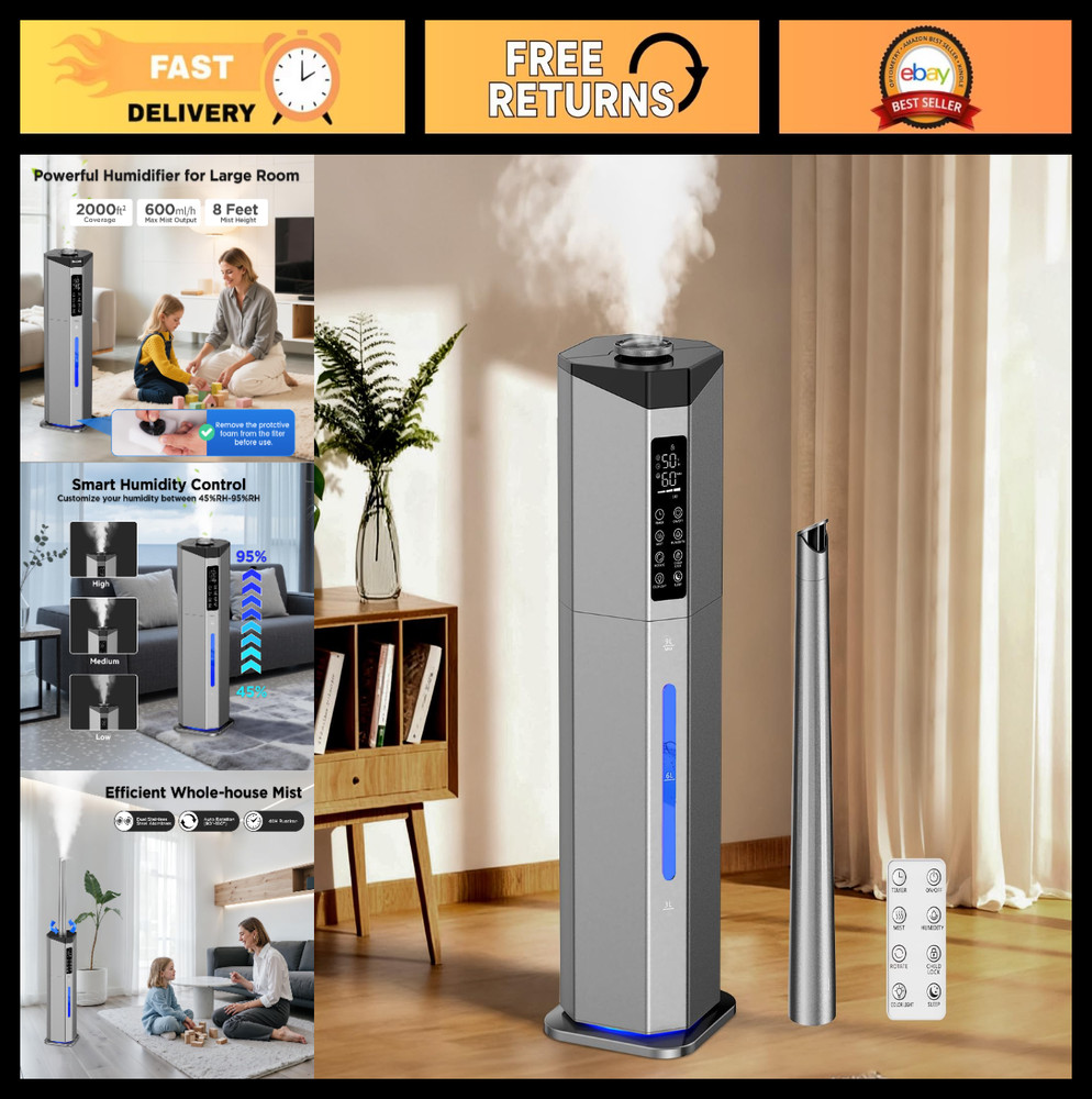 Large Room Humidifier 2.38Gal Dual Atomizers Top Fill 2000ft² Auto Rotation 7-Co