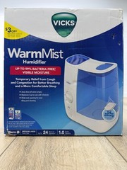 New In Box! Vicks Warm Mist Humidifier VWM845 1 Gallon Filterless White Blue