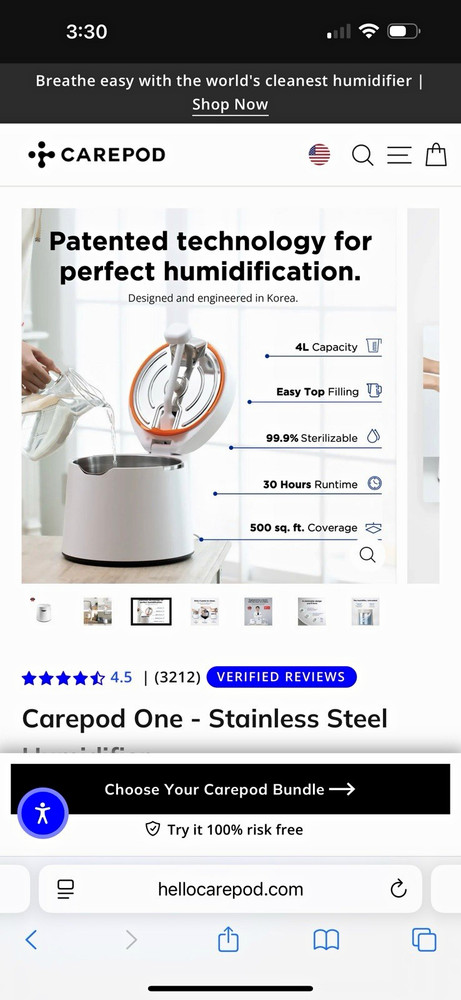 Carepod One Ultrasonic Filterless Top Fill Humidifier 500 sq ft, White Steel