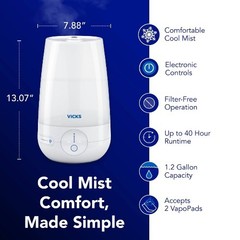 Vicks Filter Free Plus Cool Mist Ultrasonic Humidifier – 1.2gal