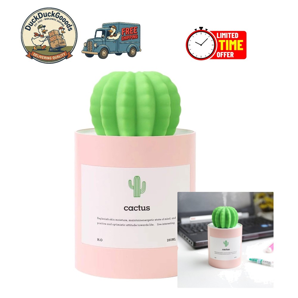 280ml USB Cactus Mini Humidifier – Ultra-Quiet & Portable for Travel Pink