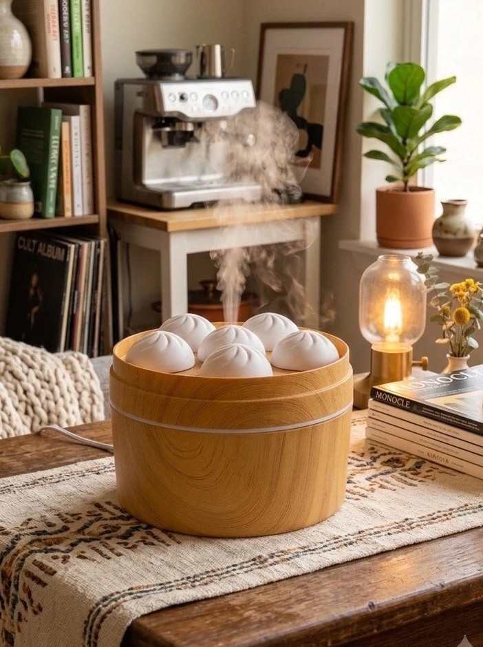 Dumpling Basket Theme Humidifier Brown/White USB + 4 Wicks