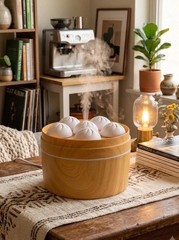 Dumpling Basket Theme Humidifier Brown/White USB + 4 Wicks