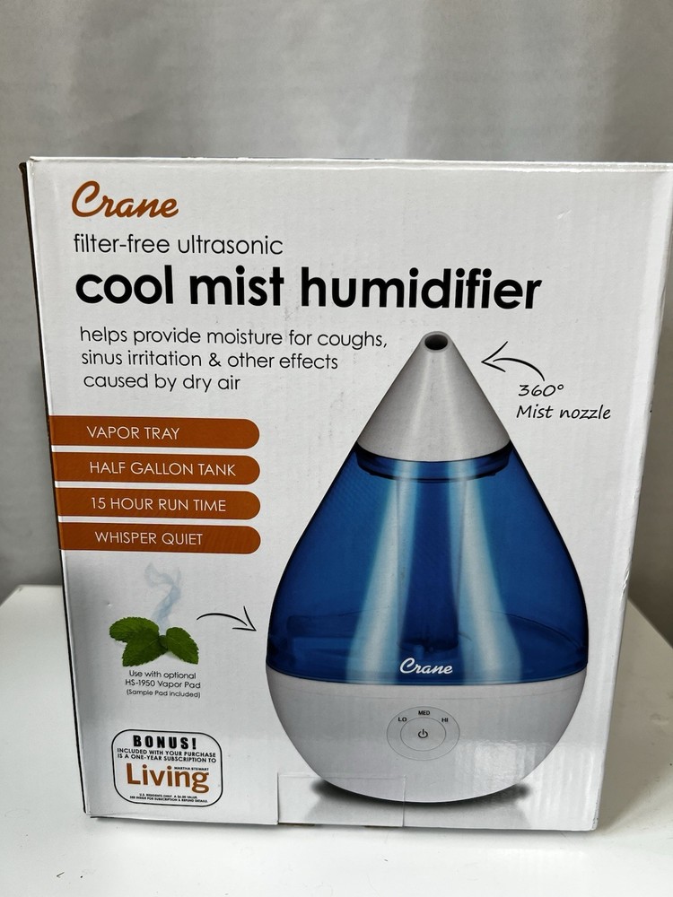 Crane Droplet Ultrasonic Cool Mist Humidifier 0.5 Gallon Tank Blue and White