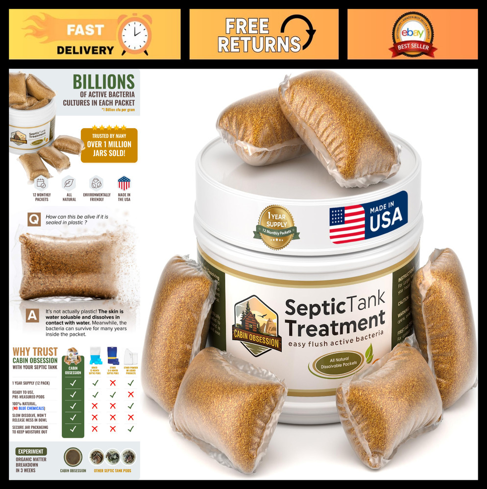 Septic Tank Treatment – 1 Year Supply Easy Flush Live Bacteria Packets (12 Count