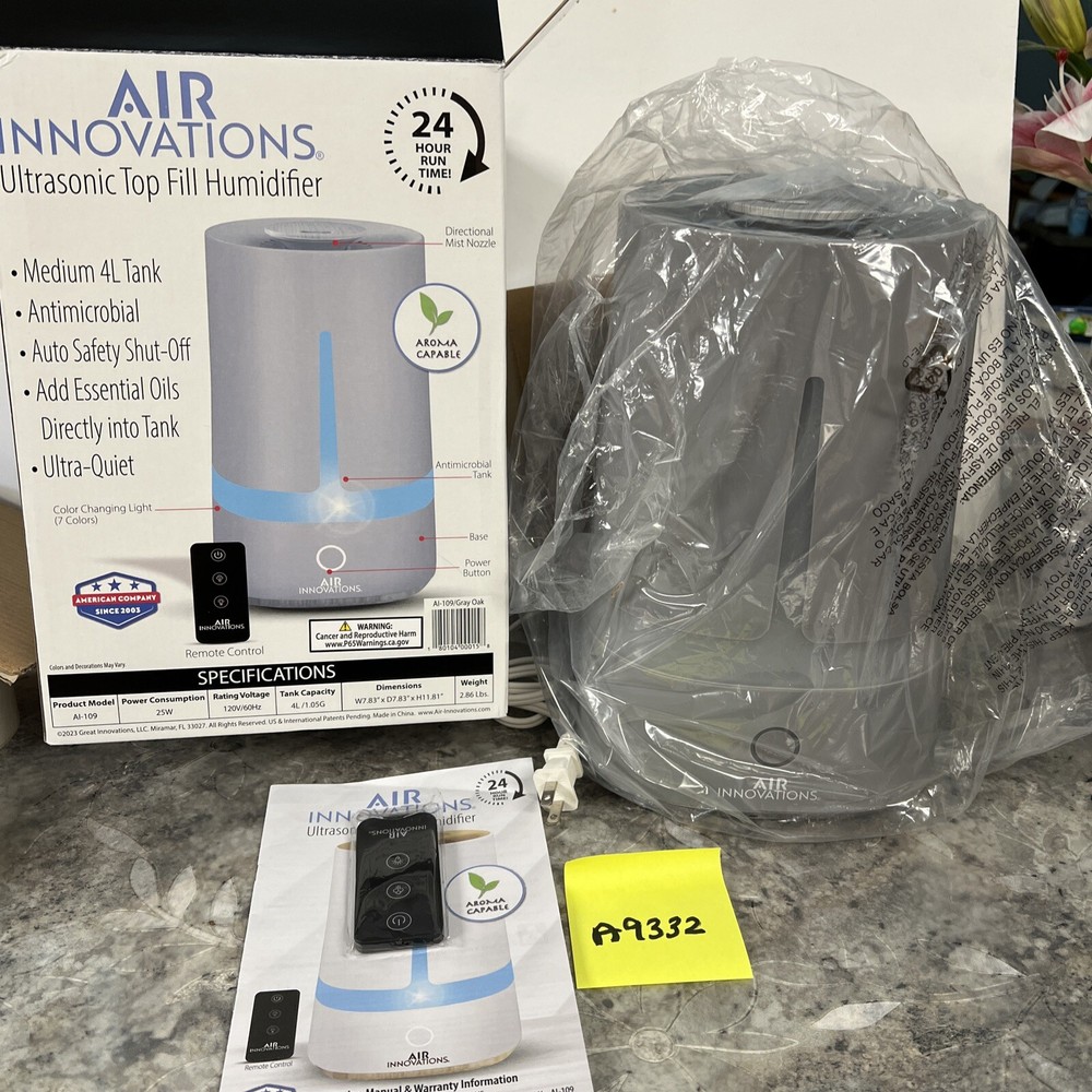 AIR INNOVATIONS Ultrasonic Top Fill Cool Mist Humidifier w Remote Gray 1.5g NEW