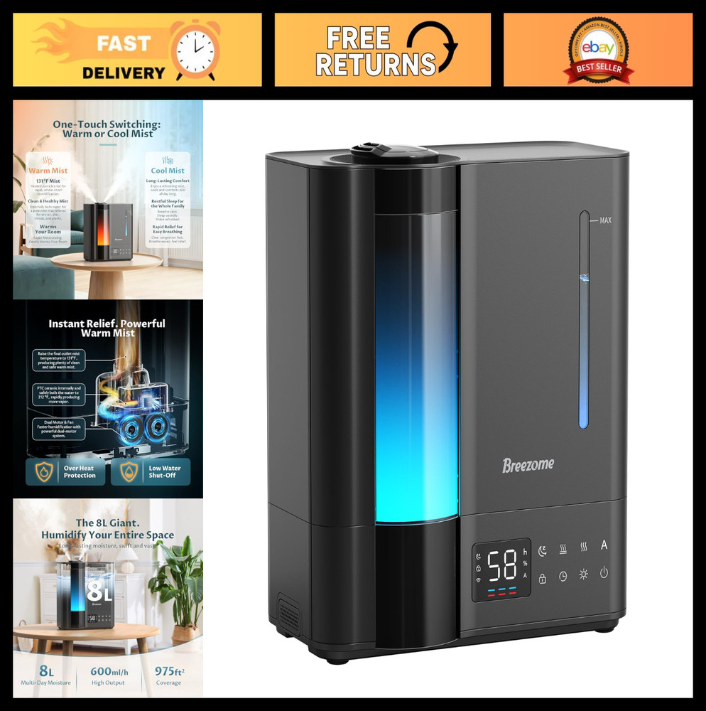 8L Ultrasonic Humidifier for Large Rooms, Warm & Cool Mist, Essential Oil, 60H Q