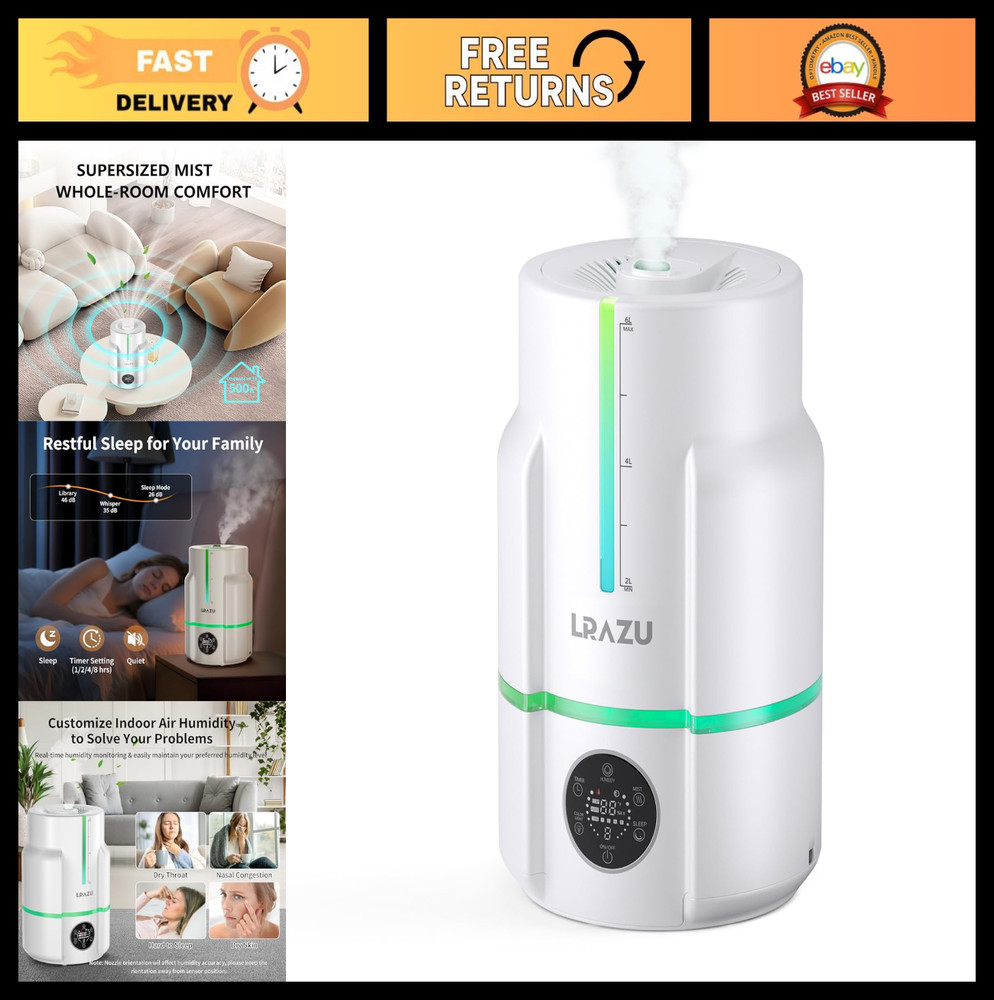 6L Cool Mist Humidifier for Large Rooms, 60H Quiet Operation, Easy Clean, Night