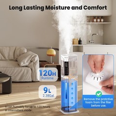 Humidifiers Bedroom 2.38Gal/9L Top Fill Cool Mist Humidifier Large Room 500ft²