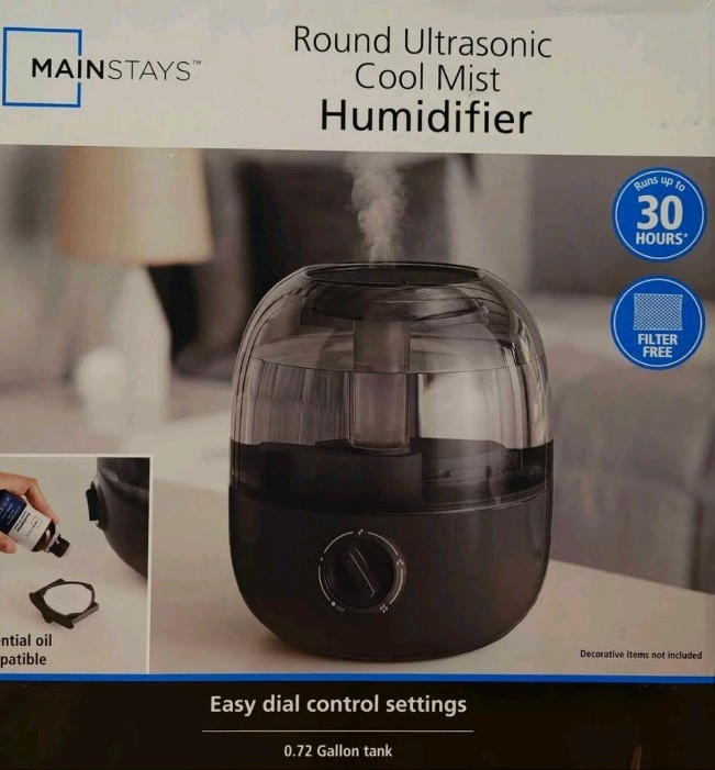 Mainstays Round Ultrasonic Cool Mist Tabletop Humidifier, 0.72 gal, Black