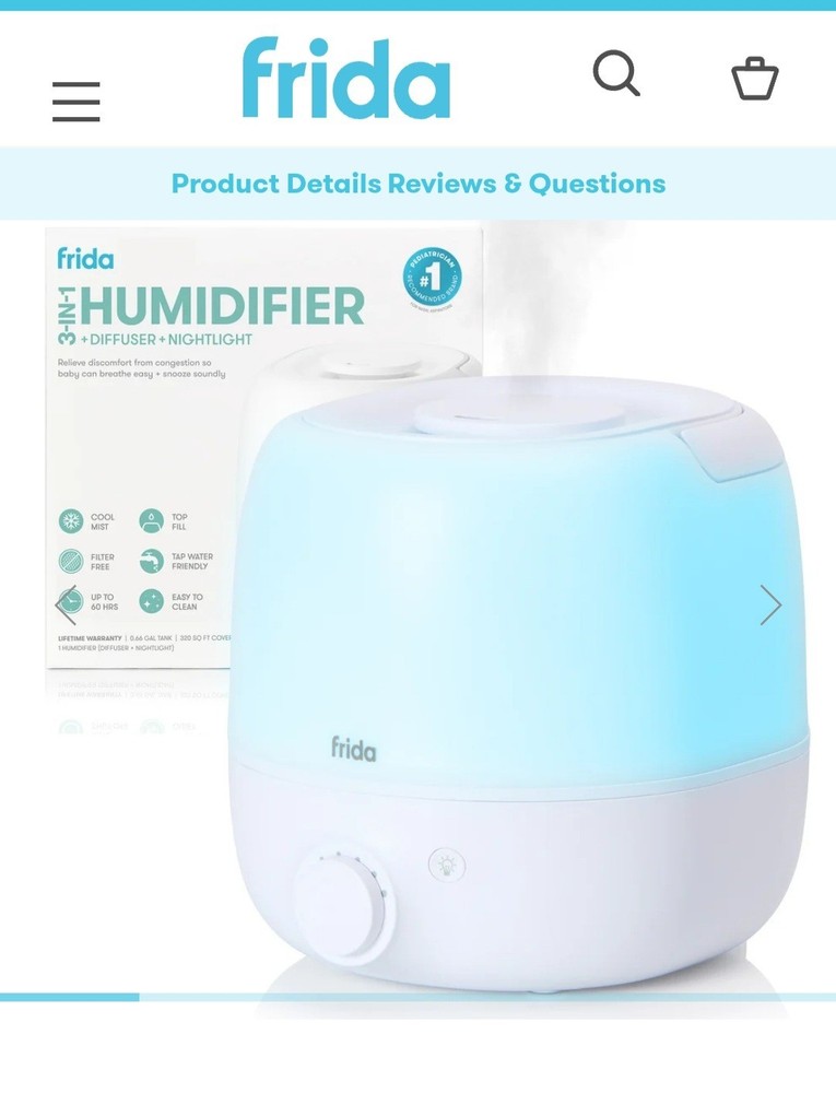 Frida Baby 3-in-1 Ultrasonic Cool Mist Humidifier Top Fill Night Light
