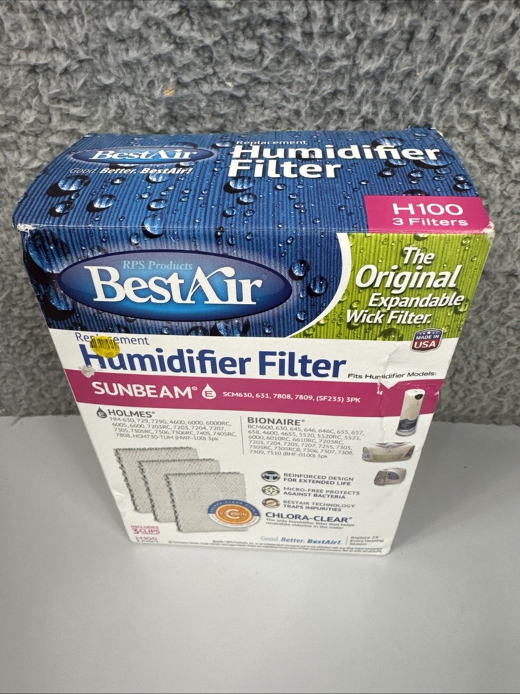 Best Air H100 Replacement Humidifier Filters 3-Pack w/ Clips Holmes / Bionaire