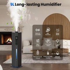Humidifier Large Room 2.38Gal Cool & Warm Mist,Top Fill 60H Large Home