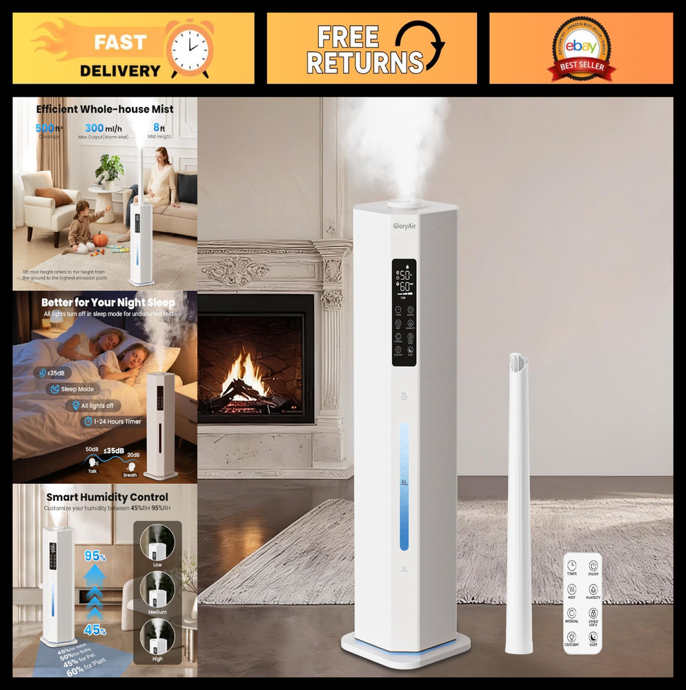 Top Fill Cool Mist Humidifier 2.38Gal for Large Rooms, 120H Run Time, Auto Mode,