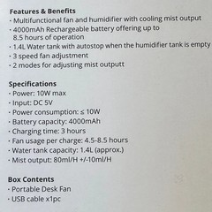 Portable Fan and Mist Humidifier with Water Spray, 4000mAh Rechargeable Battery