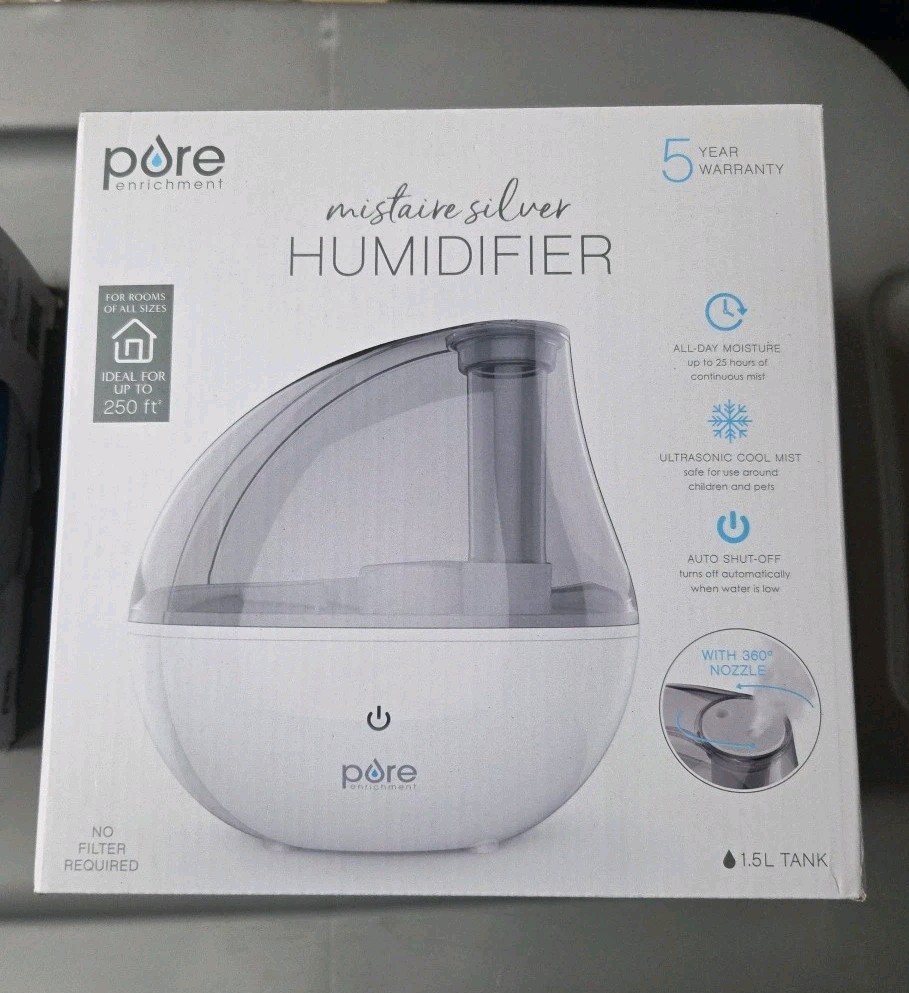 Pure Enrichment Mistaire Silver Ultrasonic Cool Mist Humidifier, 1.5L Tank NEW
