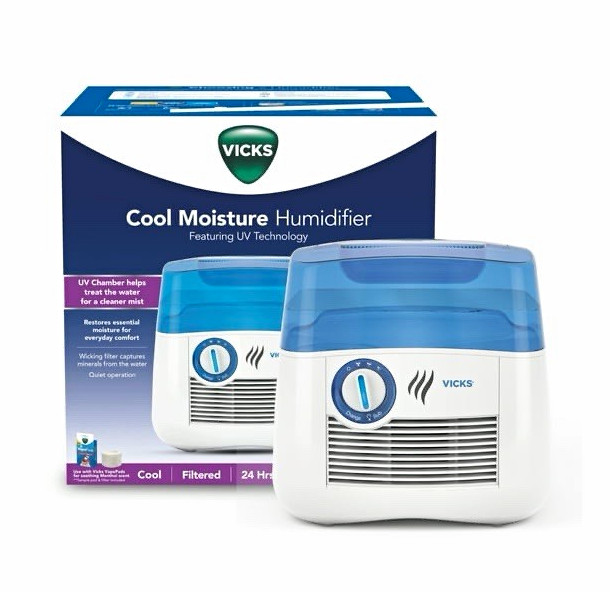 Vicks Cool Moisture Humidifier Evaporative UV Quiet 24hr Timer Tabletop Blue