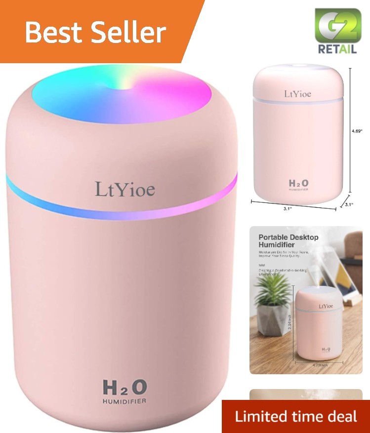 Quiet USB Personal Desktop Humidifier – 2 Mist Modes, Auto Shut-Off in Pink