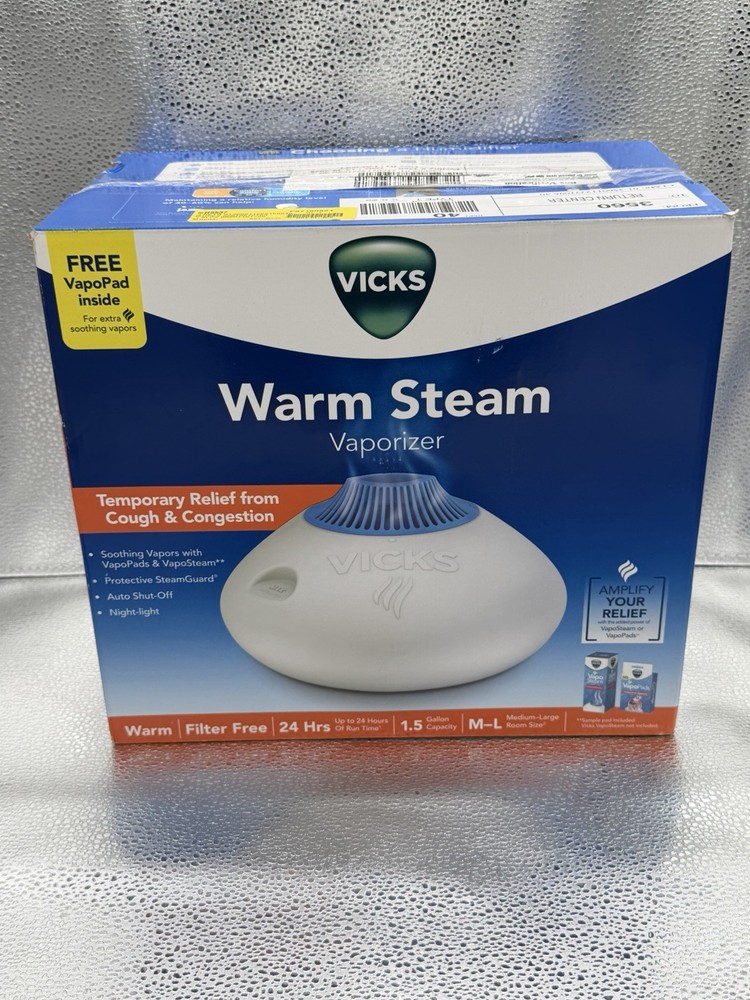 Warm Steam Vaporizer Humidifier with Night Light, 1.5 Gal, 600 Sq. Ft, White, V1