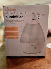 NEW Crane Drop Ultrasonic Cool Mist Humidifier, White, 1 Gal, 360 Mist, 24 Hour
