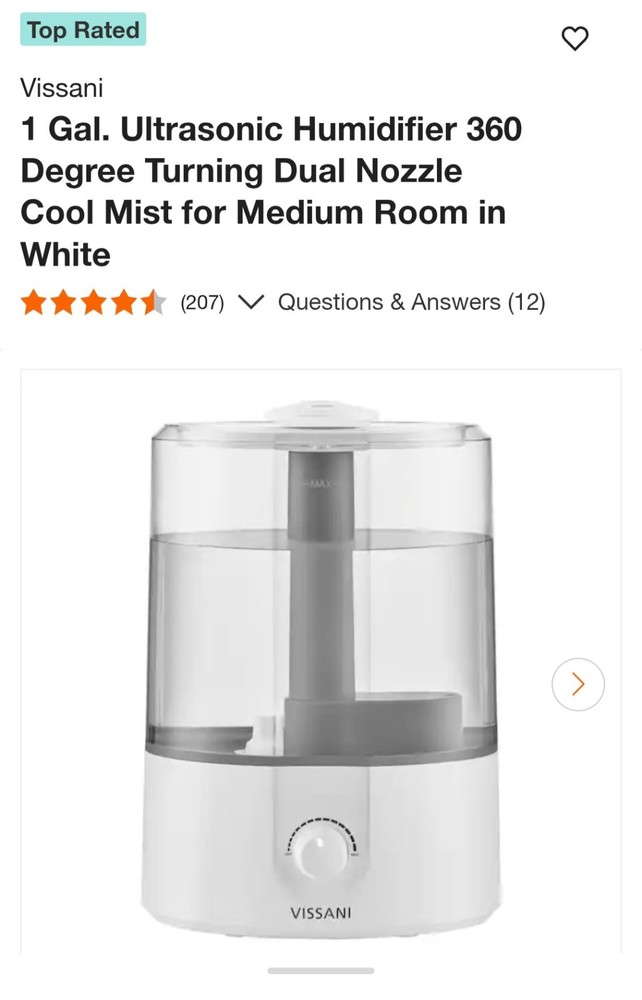 Vissani 1 Gal Ultrasonic Humidifier Cool Mist 360 Dual Nozzle for Medium Room