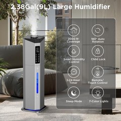 Whisper-Quiet 2.38 Gal Humidifier with Auto Rotation & Remote Control Features
