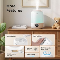Cool Mist Humidifier for Room, 3.7L Top-Fill & 35H Runtime Ultrasonic Humidifier