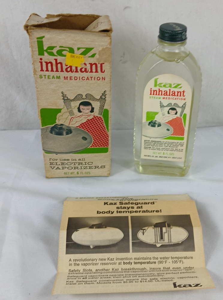 NEW VINTAGE KAZ INHALANT 6 OZ STEAM ACTIVATED SOOTHING FOR VAPORIZER VICS FULL