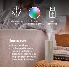 Homedics Rechargeable Portable Ultrasonic Humidifier Breathe Better USB Powered