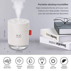 Portable Mini Humidifier, 500ml Small Humidifier for Bedroom Travel, White