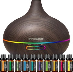 400ML Essential Oil Diffuser w/ 10 Oils LED Humidifier Dark Wood