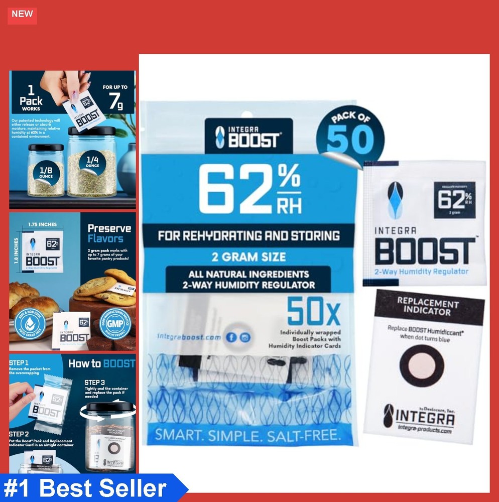 Humidity Control Packs 62% RH 2 Gram 50 Pack 2-Way Moisture Absorber for Food
