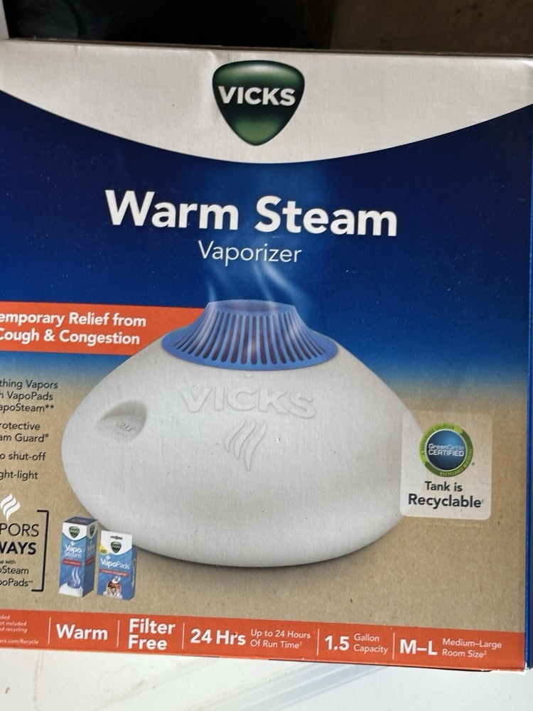 Vicks Warm Steam Vaporizer Tabletop Warm Mist Humidifier 1.5 gal White/Blue
