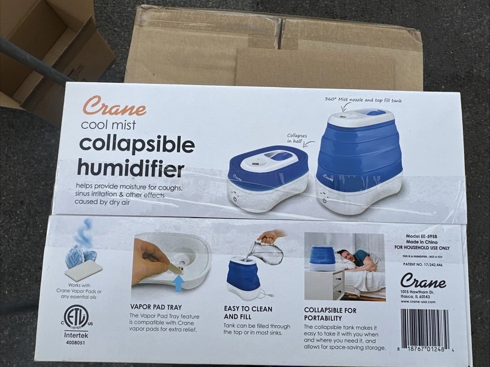 Crane Collapsible Cool Mist Humidifier Portable for Bedroom and Office 1 Gallon