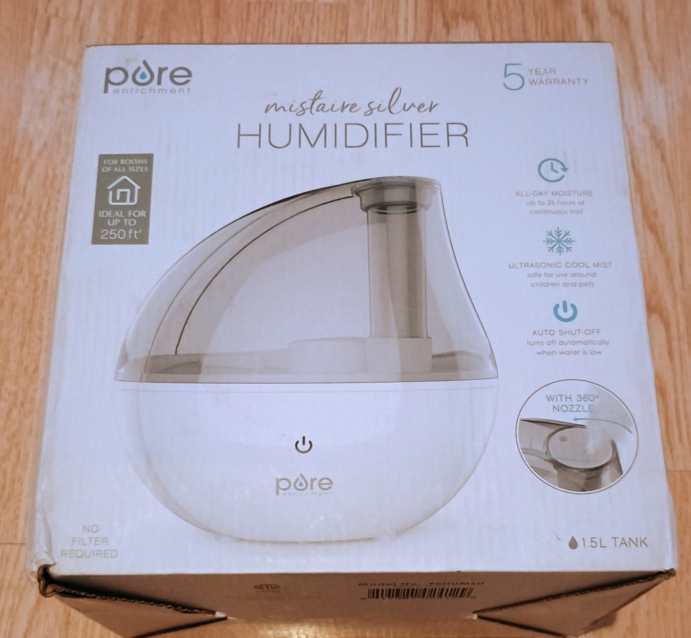Pure Enrichment MistAire Silver Ultrasonic Cool Mist Humidifier Auto ShutOff