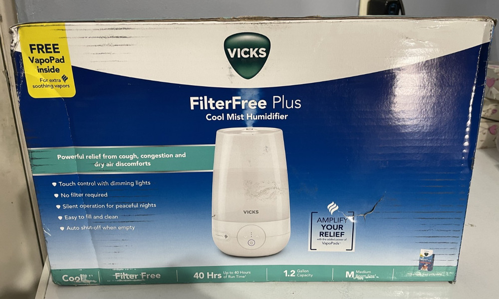 Vicks FilterFree Plus Cool Mist Humidifier 1.2 Gal 400 sq ft Auto Shut-off